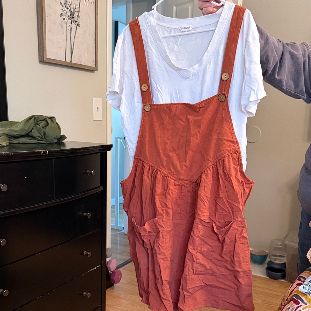 Orange Overall Dress with White T-Shirt